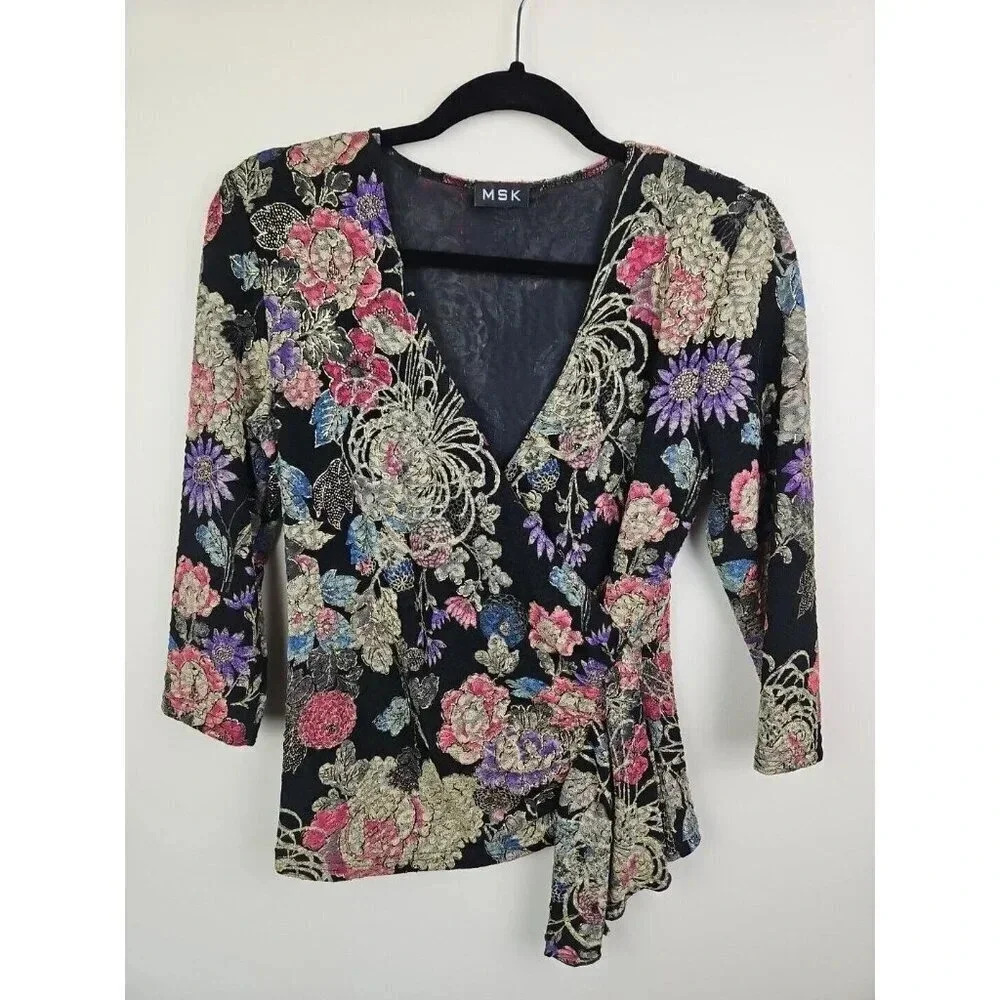 Vintage MSK Black Floral Wrap Style Top Blouse Gold Sparkle Size Small 3/4 Sleev